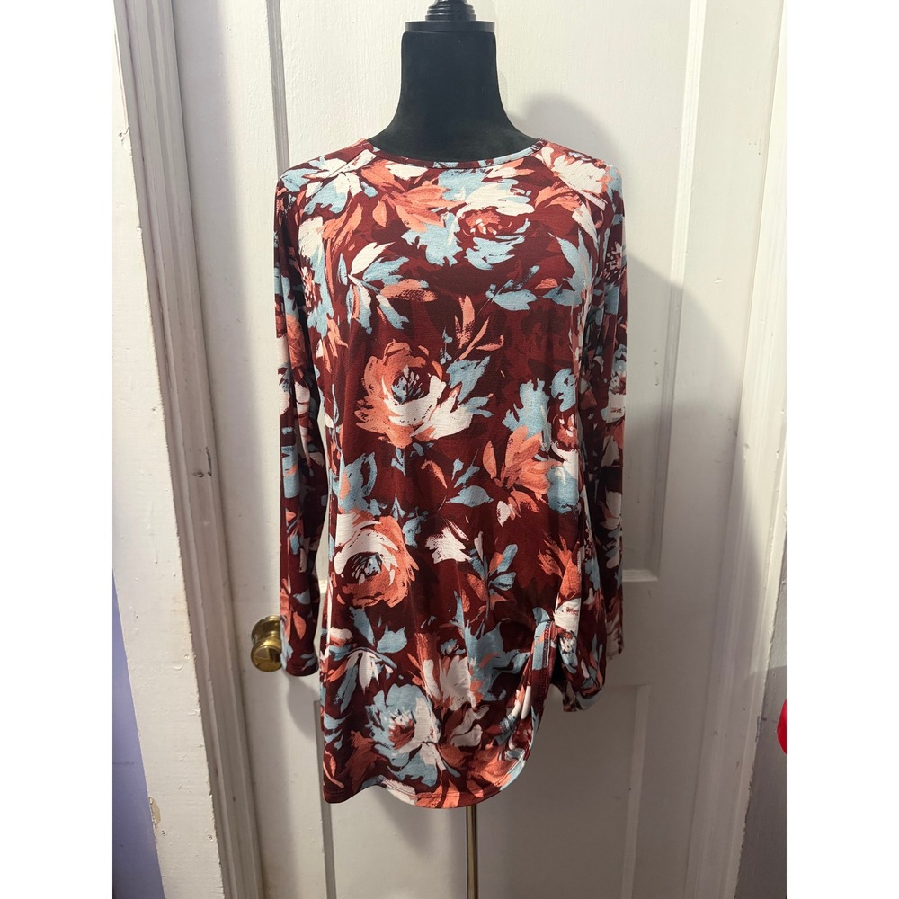 Heimish USA Red Floral Long Sleeve Side Knot Tunic Top Medium
